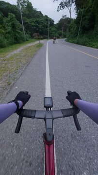 Cyclist's Perspective on a Serene Winding Road Through Lush Greenery and Rolling Hills on a Cloudy Day