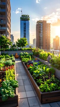 Modern urban garden pathway with skyscrapers backdrop.