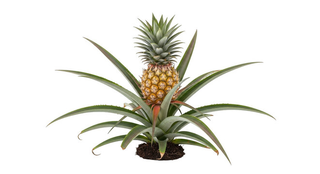 Fresh pineapple plant with fruit growing in soil isolated on white background