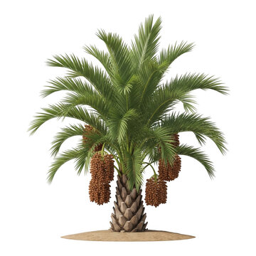 Date palm tree with ripe fruit clusters isolated on white background