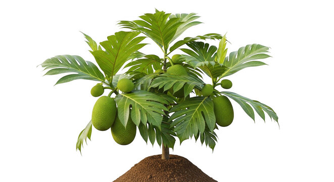 Breadfruit tree with green fruits isolated on white background