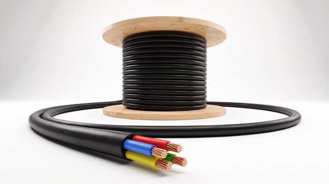Black electrical cable on wooden spool with exposed multicore copper conductors in a studio setting