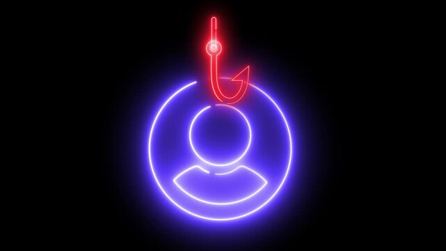 Glowing neon user icon hooked by red fishing hook