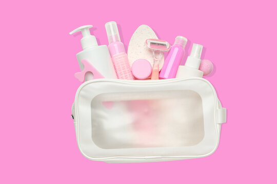 Cosmetics. Toilet bag filled with various cosmetics and personal care items