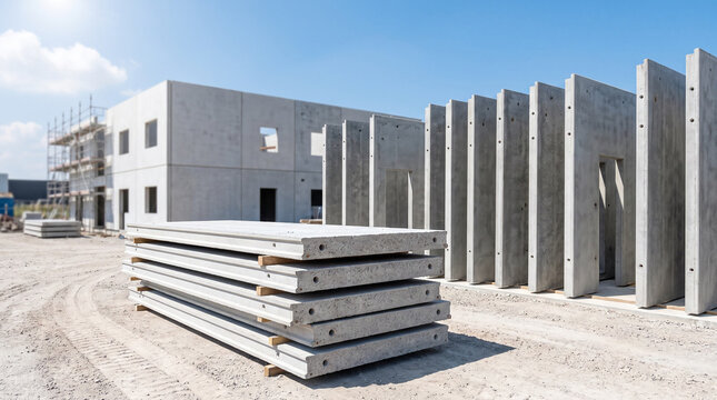 Stacked precast concrete panels and wall sections at sunny construction site with scaffolding in background