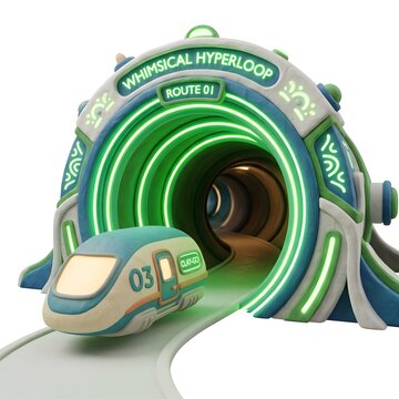 Whimsical green hyperloop train entering tunnel