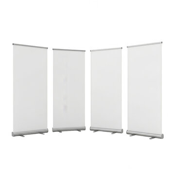 Four blank roll up banners isolated on white background for corporate marketing display