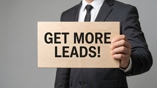Professional businessman in a dark suit and tie holding a wooden sign with bold black text reading GET MORE LEADS! against a plain light gray background, promoting lead generation featuring promotion