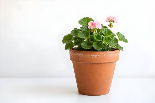 Beautiful blooming light pink geranium potted plant isolated on a plain white background