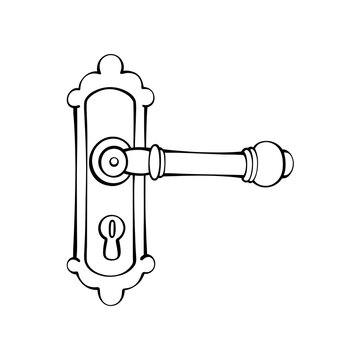 An ornate vintage door handle with an ornate backing plate, including a keyhole, a doodle-style vector illustration with clean lines