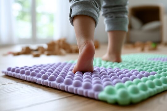 Child walking on orthopedic sensory mat in bright playroom for flat feet prevention