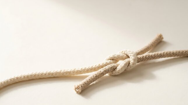 Close-up of a natural fiber rope tied in a knot on a white wooden surface, representing strength, connection, and minimalist security in soft lighting.