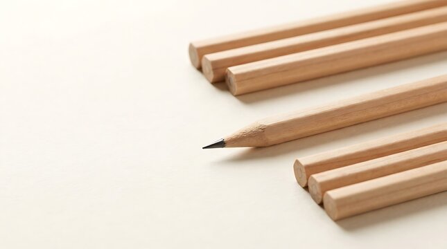 Minimalist composition of natural wooden pencils on cream paper, featuring one sharp lead pencil pointing forward among unsharpened ones, representing leadership, creativity, and preparation.