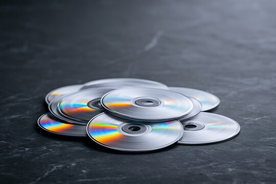 Stack of silver compact discs with rainbow reflections on dark marble surface - data storage and media technology