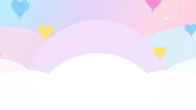 Pastel heart shaped balloons floating against a dreamy sky