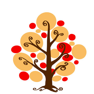 Fantasy stylized tree with cream and red circles on black background