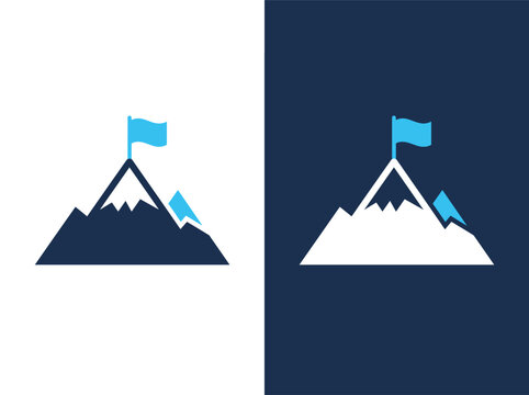 Mountain peak icon with a flag on top representing success and goal achievement