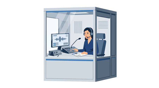 Interpreter in soundproof booth translating during conference, live audio transmission