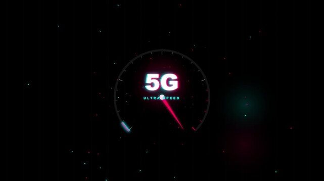 5G internet speed test speedometer animation, glowing neon 5g ultra speed meter loop 4k