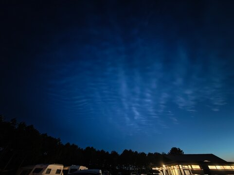 Deep blue night sky with noctilucent clouds over a dark treeline