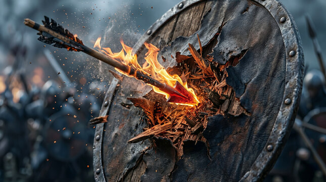 Visualizing the Epistles: The Armor of God. A soldier raising the massive Shield of Faith to block incoming flaming arrows.