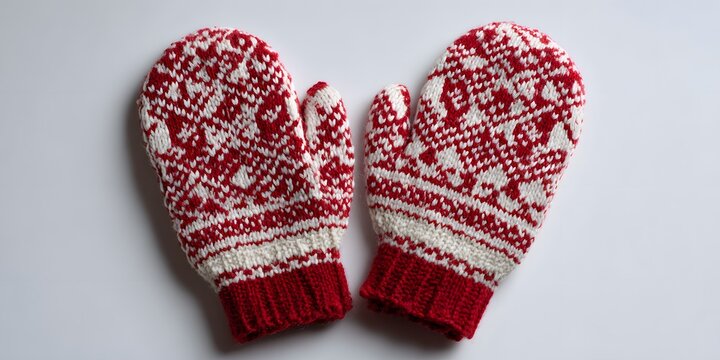 Pair of traditional knitted wool mittens with red and white nordic pattern on white background