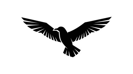Obraz premium Minimalist black bird silhouette flying with wide spread wings on white background