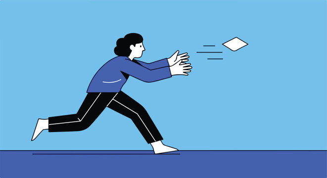 Person reaching for flying document against blue background