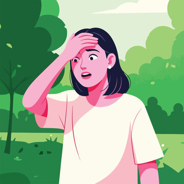 Woman looking worried in park with trees and sky