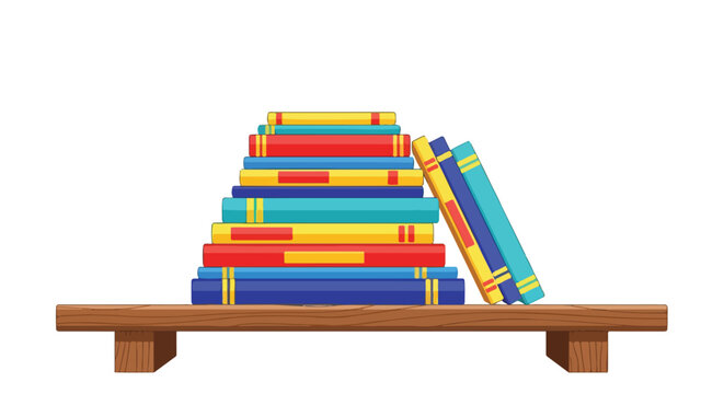 Stack of colorful books on a wooden shelf with a blank background