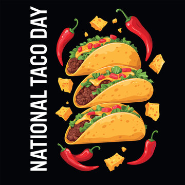 Crispy mexican beef tacos falling with spicy red chili peppers and cheddar cheese chunks for national taco day restaurant menu promotional poster t-shirt print.