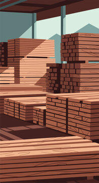 Lumber stacks inside a warehouse with shadows