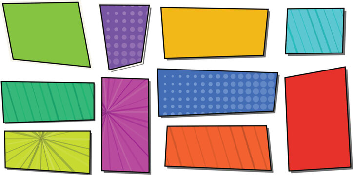 A collection of colorful hand drawn rectangular speech bubbles and frames with various artistic textures isolated on a plain white background for