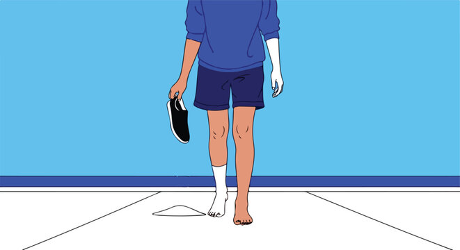 Person with one sock, barefoot, holding shoe on a simple background
