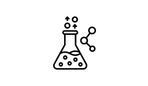 Catalyst chemistry line icon with laboratory flask and reaction symbols vector illustration