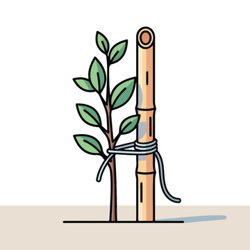 Small plant tied to bamboo support on neutral ground