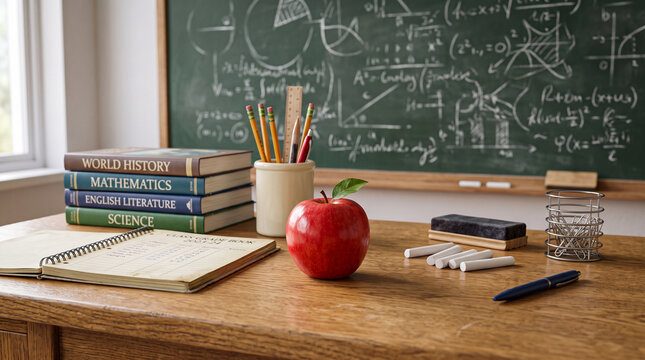 Teacher's Desk with Stack of Books, Red Apple, and Pencils in front of a Blackboard with Math Formulas