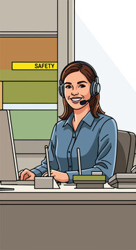 Smiling operator in headset at desk, with safety sign and office background
