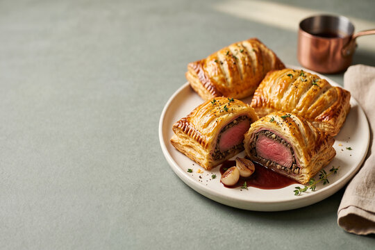 Beef Wellington pastries with jus on a plate with selective focus and warm lighting