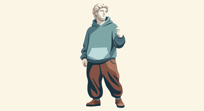 Ancient statue wearing modern casual clothing stands outdoors