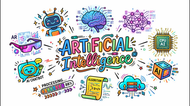 Colorful illustration with artistic representation highlights aspects artificial intelligence algorithm