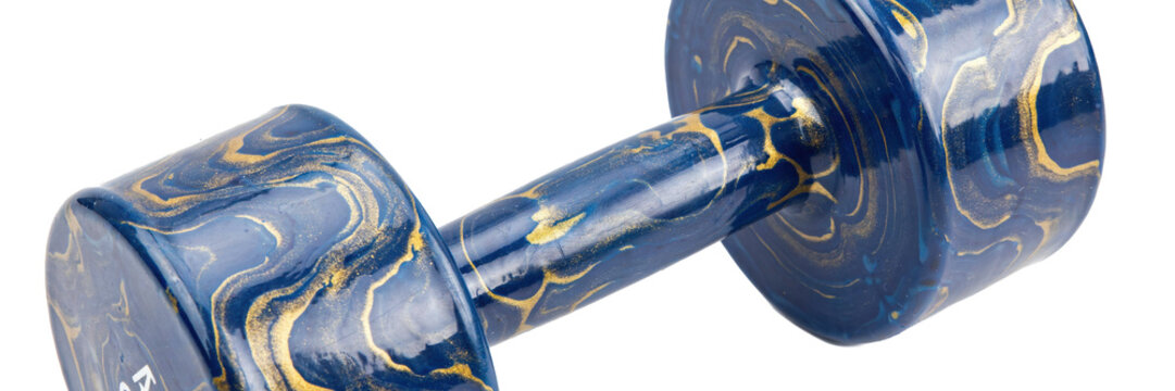 Single handheld dumbbell with a blue and gold marbleized pattern finish isolated on a transparent background
