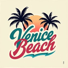 Fototapeta premium Vintage Style Illustration of Palm Trees and Sun with Venice Beach Text