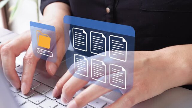 A person typing on a laptop with a digital file management interface floating above it. Ideal for topics related to finance, remote work, or digital documentation.