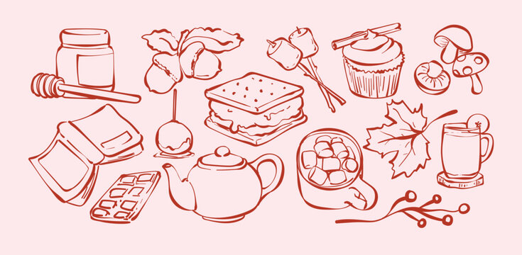 Cozy autumn treats doodle set with s'mores hot chocolate honey cupcake teapot roasted marshmallow and fall leaves vector illustration