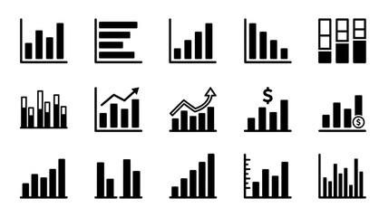 Obraz premium A collection of various black and white business icons featuring a bar graph and financial data charts