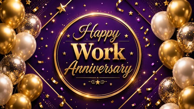 Golden balloons and confetti celebrate happy work anniversary celebration 1