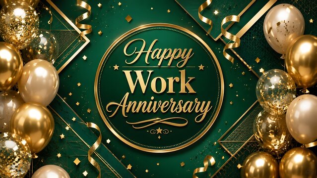 Golden balloons and confetti celebrate a happy work anniversary celebration