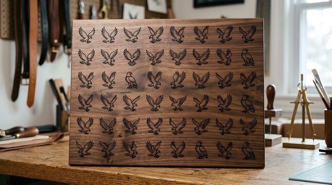 Walnut wood board with laser engraved eagle patterns in a workshop