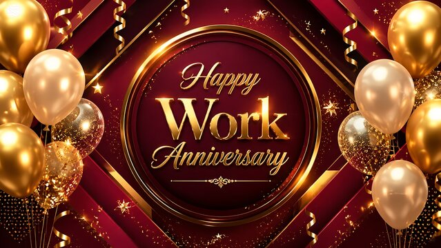 Golden balloons and confetti celebrate happy work anniversary celebration